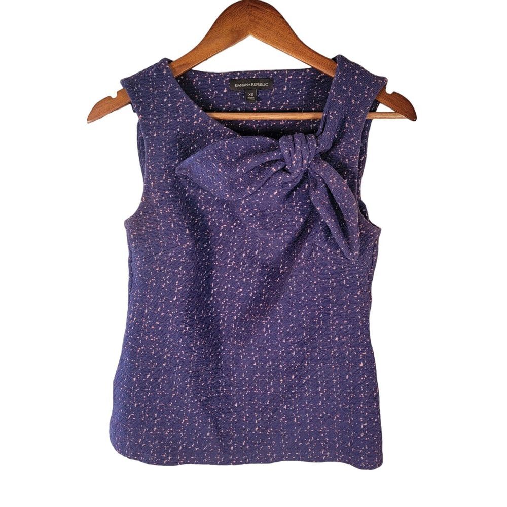Banana Republic Size XS Navy Blue Speckled Boucle Bow Tie Front Shell Top